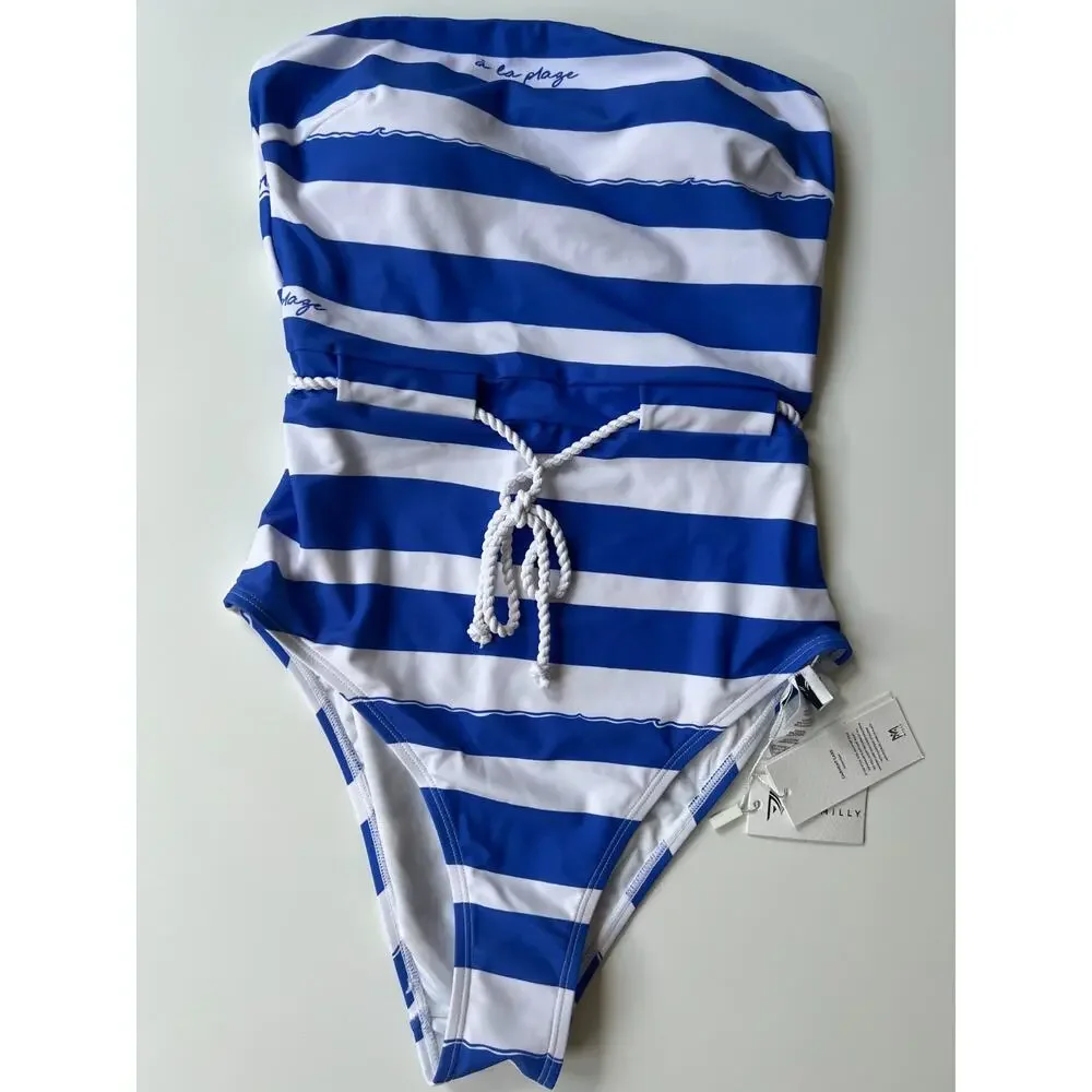 Milly A La Plage Belted One Piece Swimsuit Blue White Size M New - Picture 8 of 16